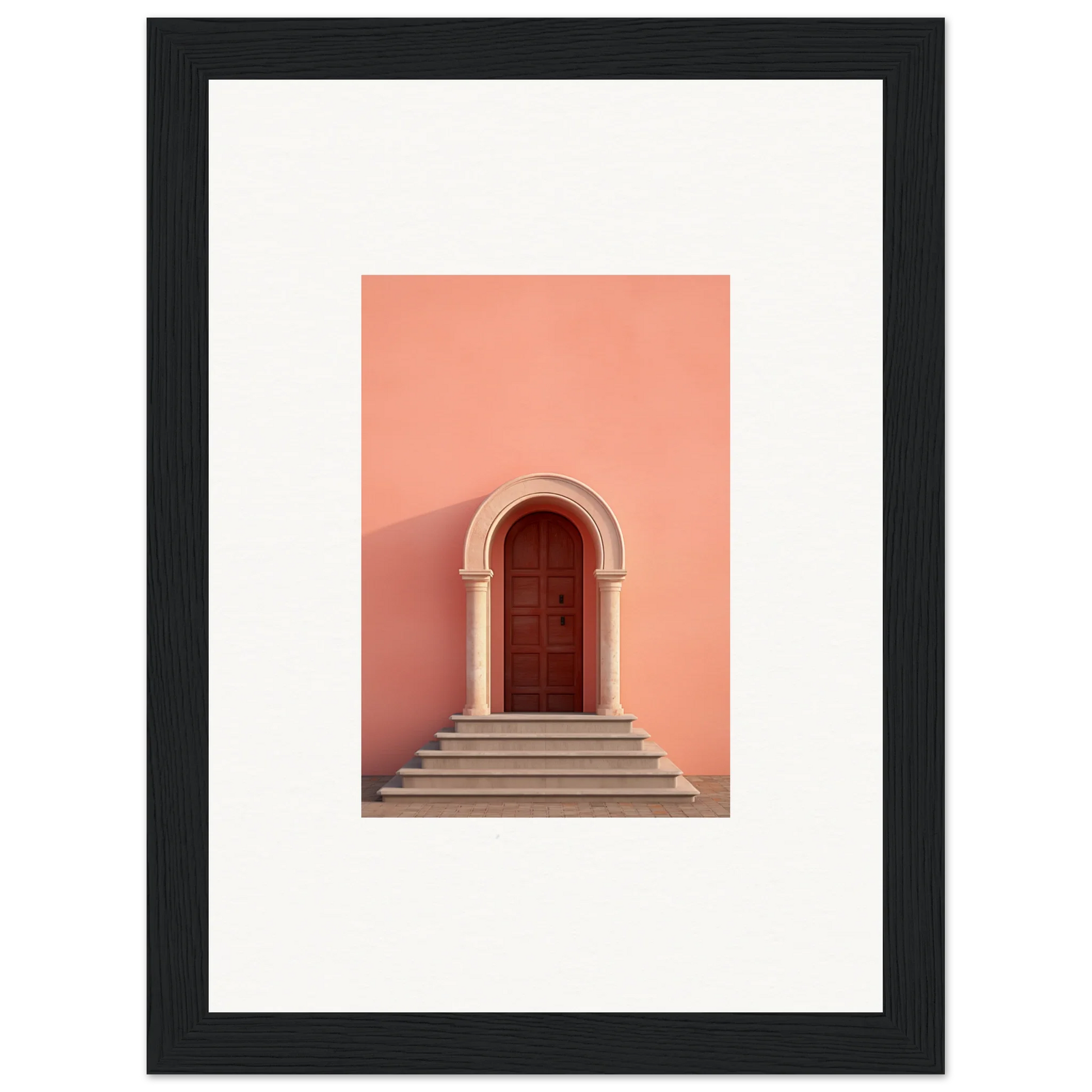 Arched wooden door on stone steps with coral wall, showcasing the Ethereal Sunset Gateway