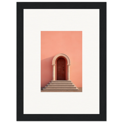 Arched wooden door on stone steps with coral wall, showcasing the Ethereal Sunset Gateway