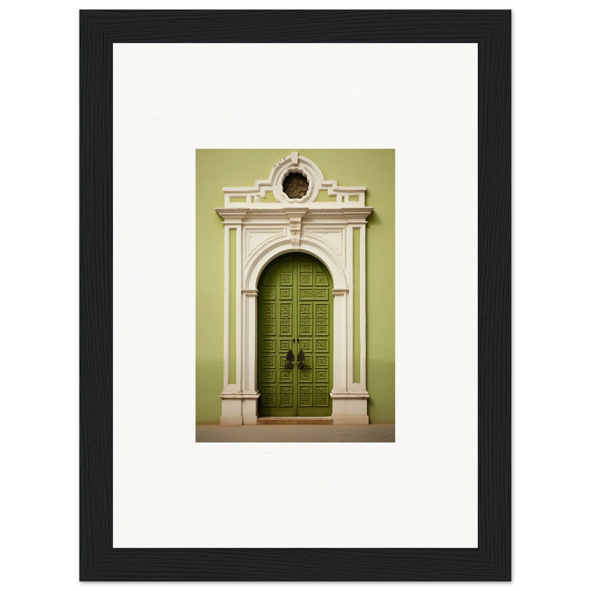 Ornate green double door with white stone archway in Verdant Sentry Whispers art™