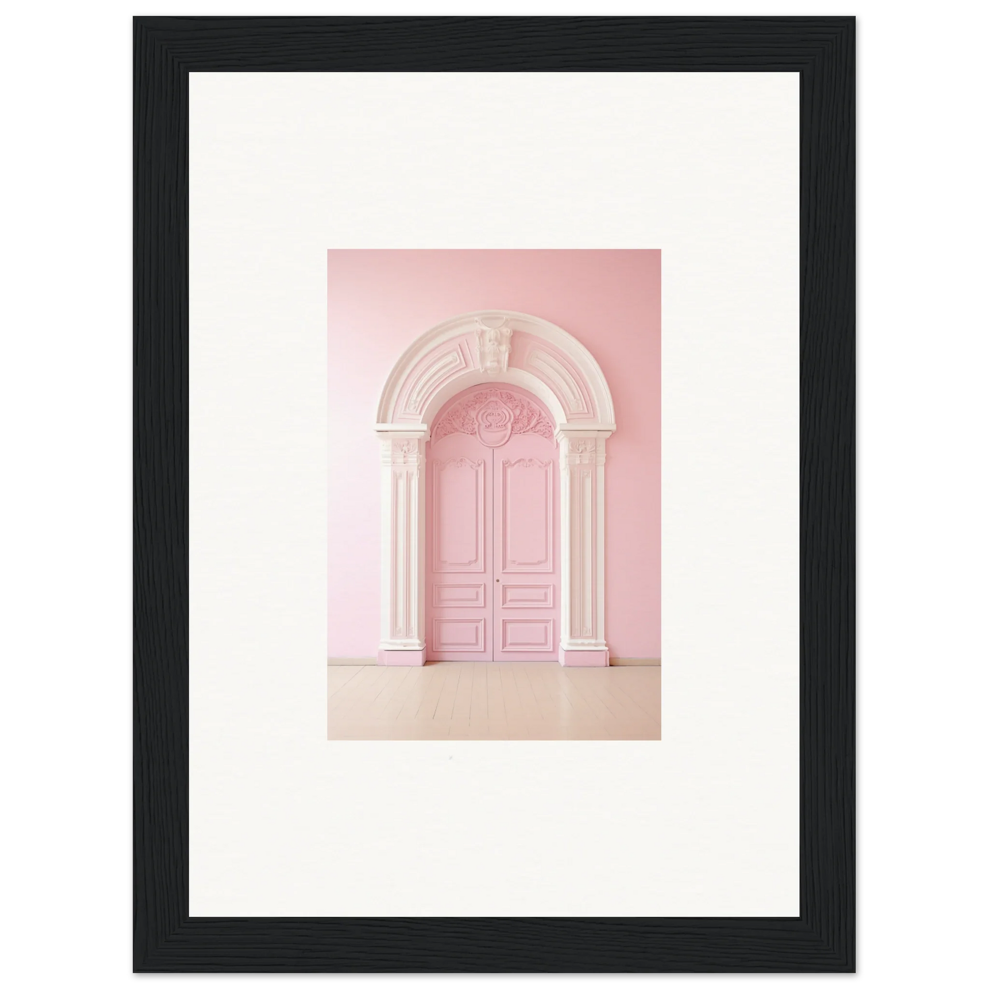 Pink arched doorway with ornate molding in Portal Fantasies Unfurled framed wall art