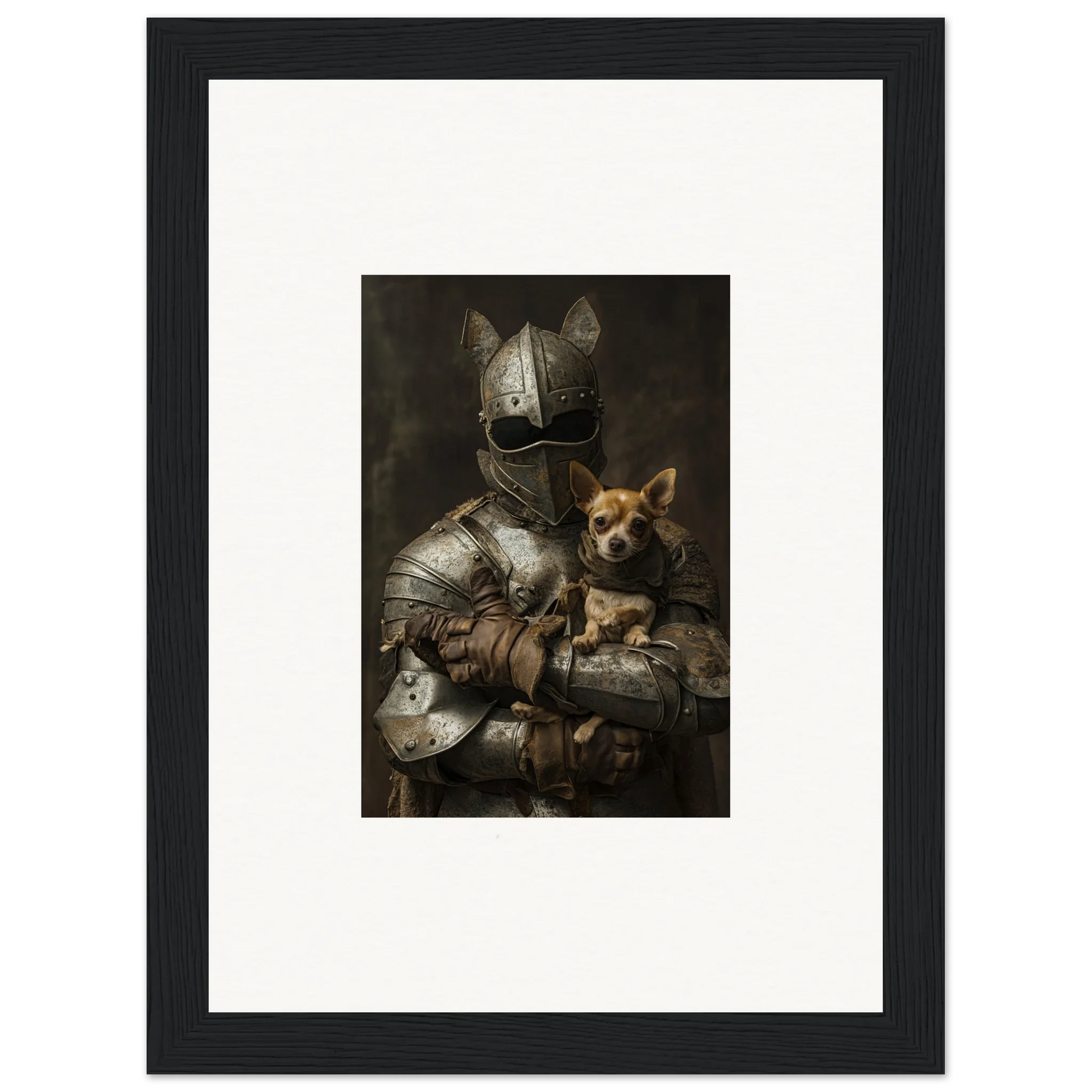 Medieval knight in armor with Chihuahua in Serene Steel Whispers framed wall art