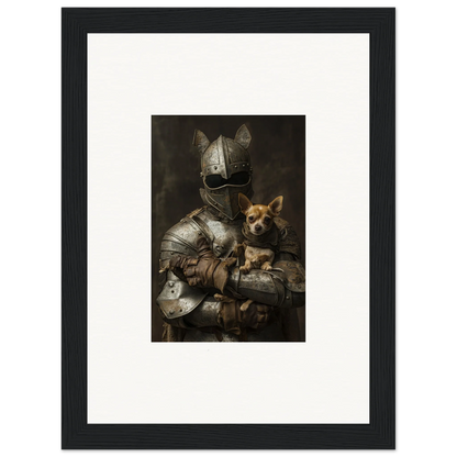 Medieval knight in armor with Chihuahua in Serene Steel Whispers framed wall art