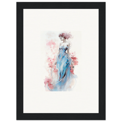 Watercolor wall art of a woman in a blue dress, perfect for room decoration