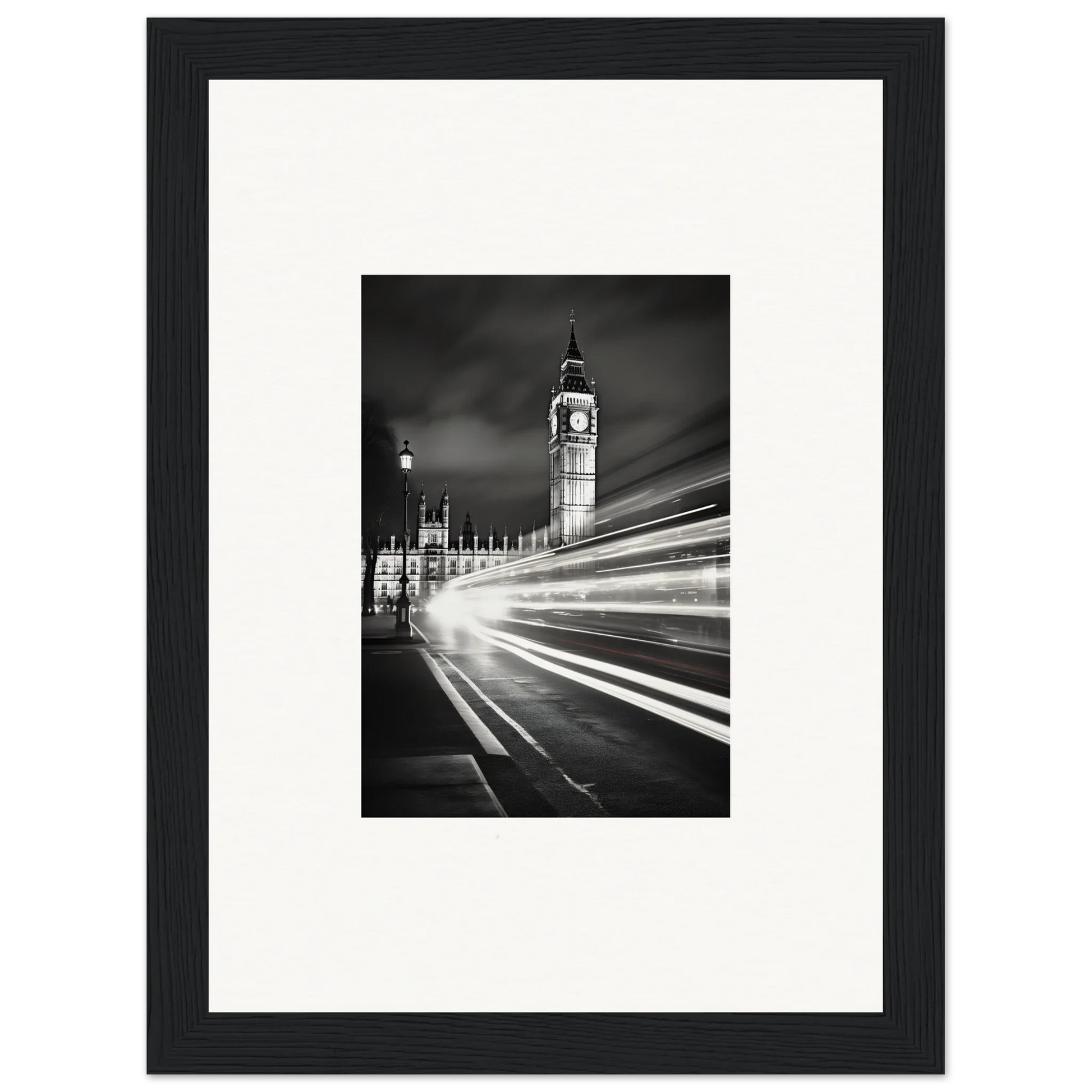 Black and white Big Ben photo with light trails, perfect for a premium framed wall