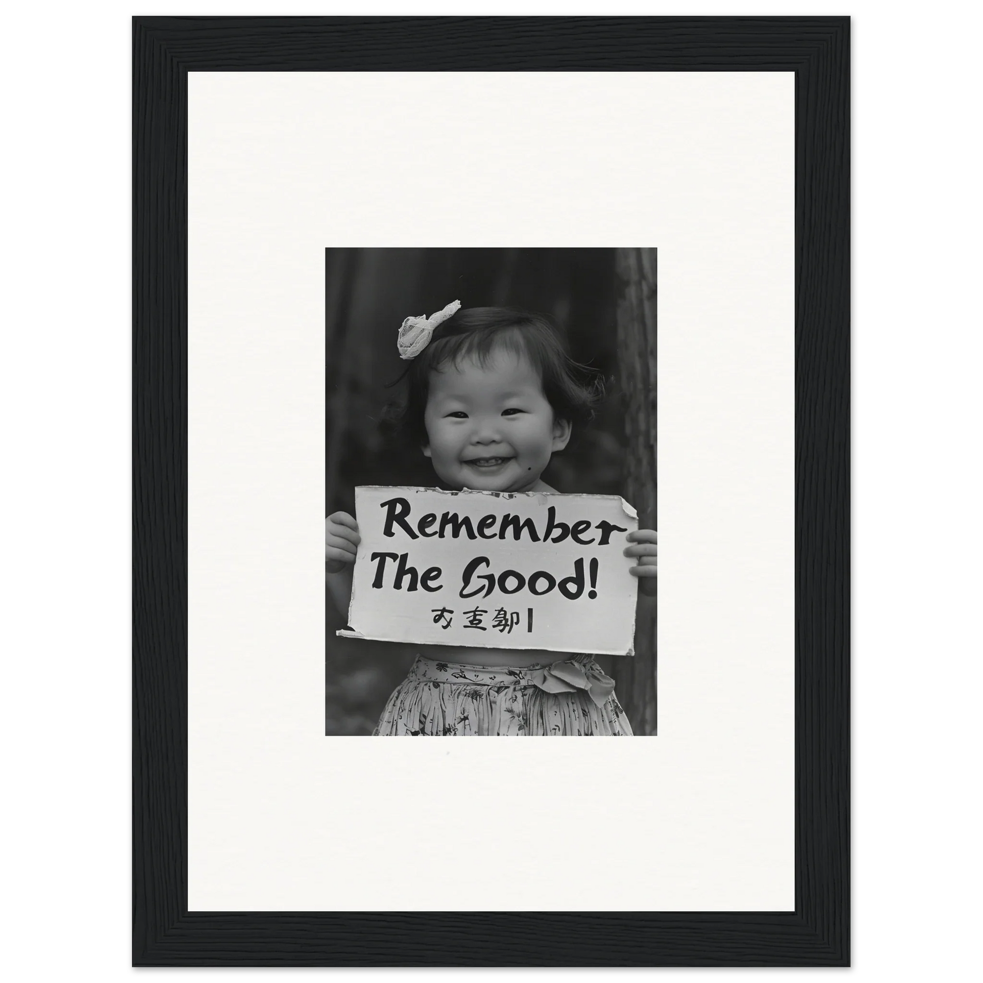 Black and white framed photo of a child with sign Remember The Good in Innocent Memory Echoes