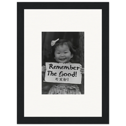 Black and white framed photo of a child with sign Remember The Good in Innocent Memory Echoes