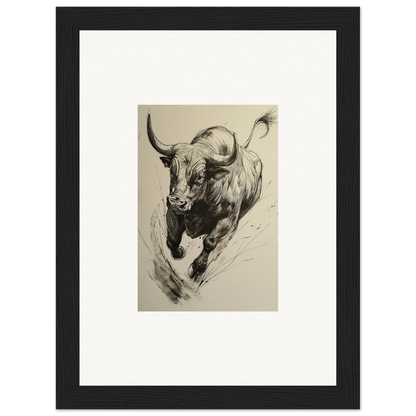 Dramatic black and white Charging Bull in Ebullient Storm Release framed wall art