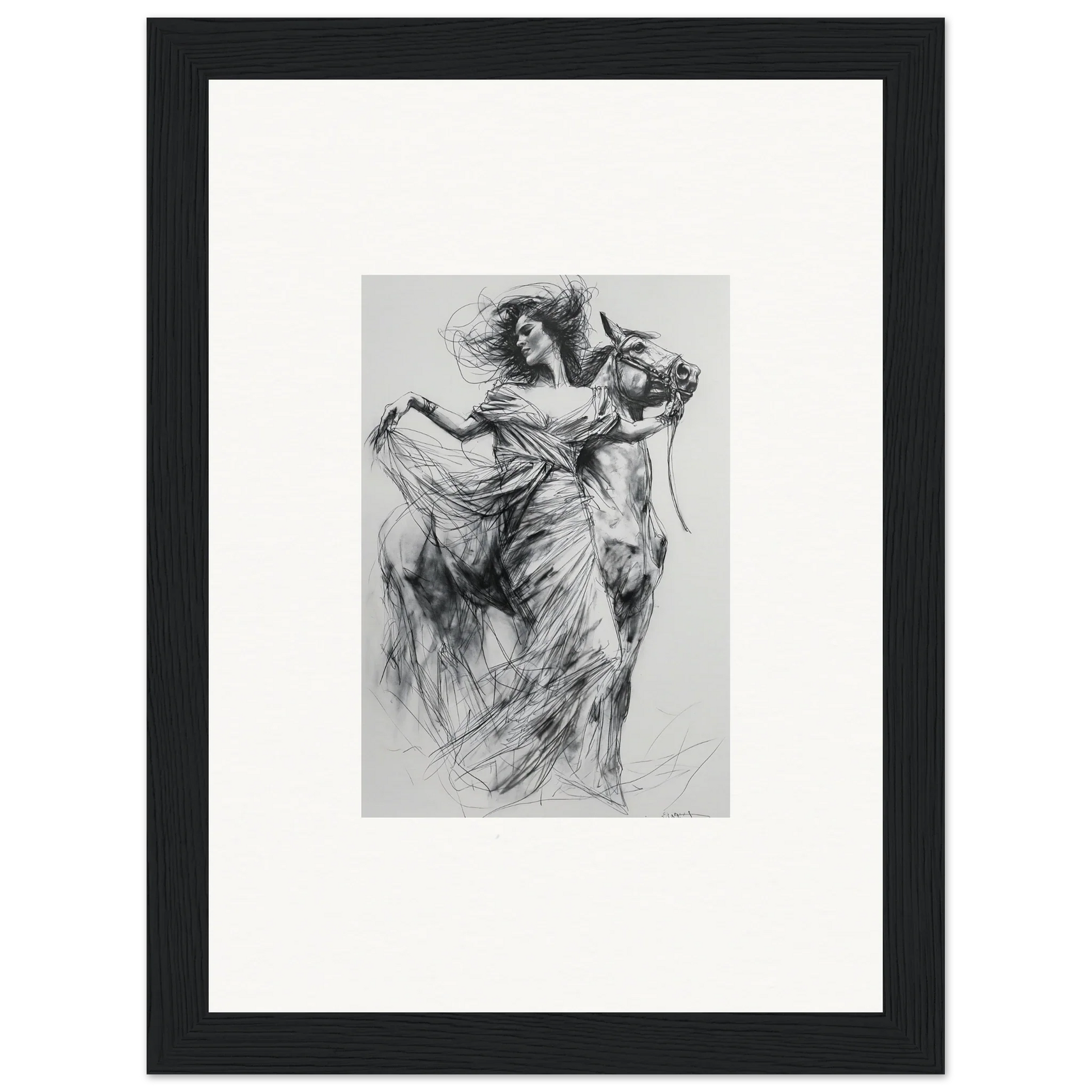 Black and white sketch of dancing figures in Equestrian Ether Euphoria framed wall art