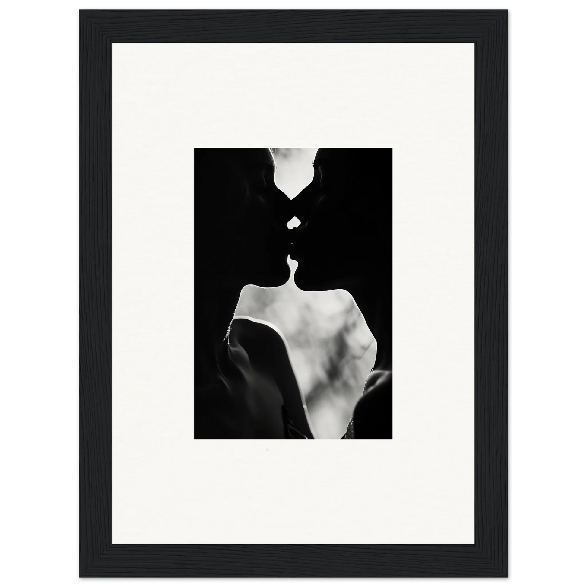 Black and white artistic photo of silhouettes kissing for Shadowy Dawn Nuance framed wall art