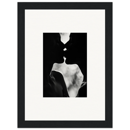 Black and white artistic photo of silhouettes kissing for Shadowy Dawn Nuance framed wall art