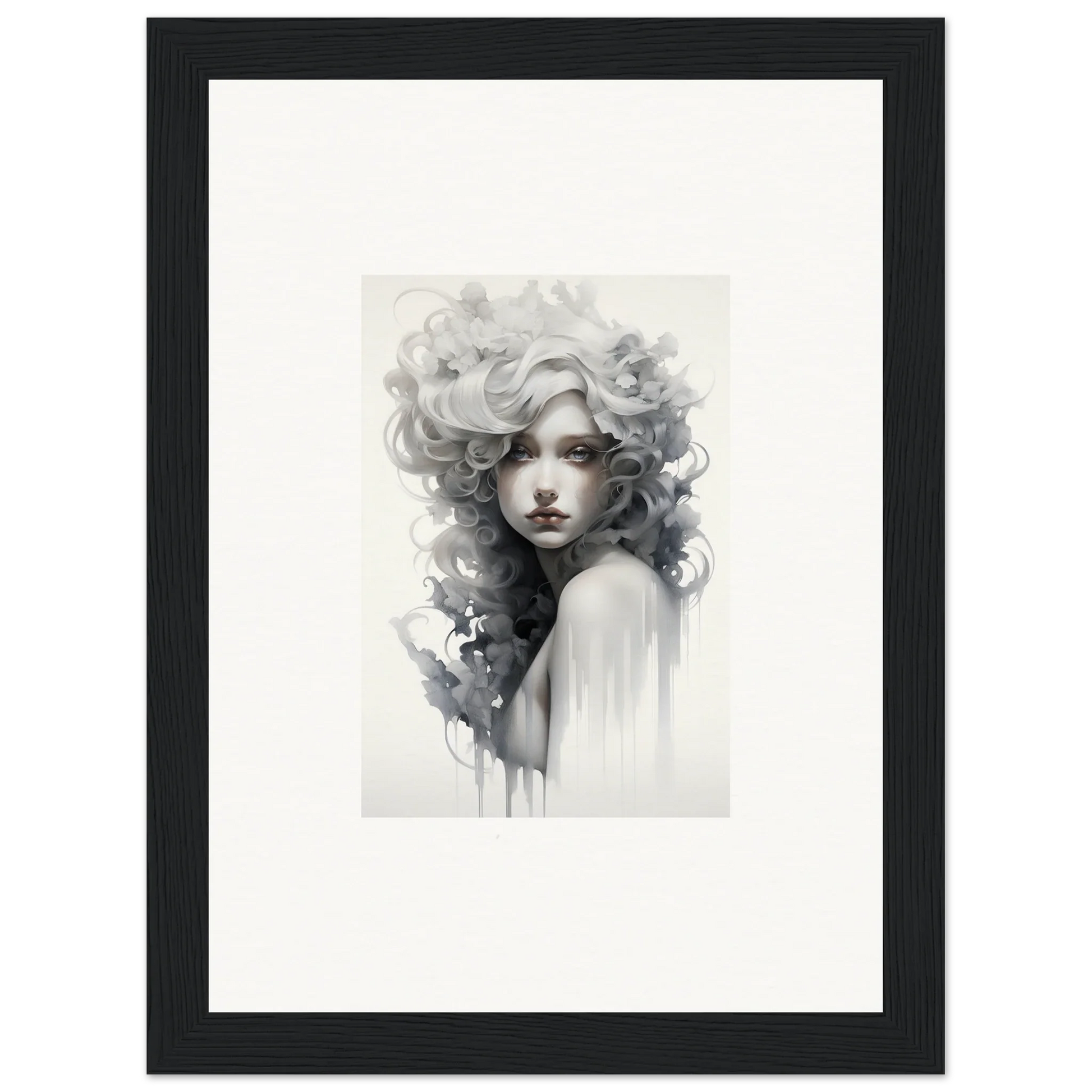 Black and white watercolor portrait of ethereal hair for Visions Veil Morphling art