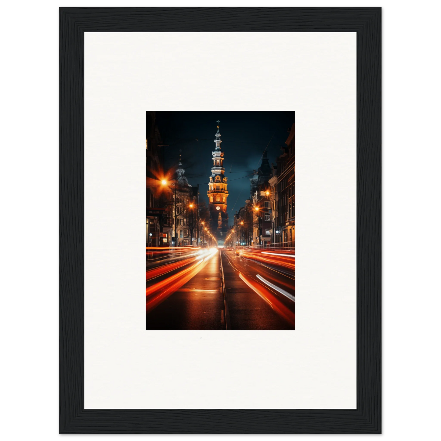 Framed photo of a city street with light trails and church tower from Umbra Urban Nocturne