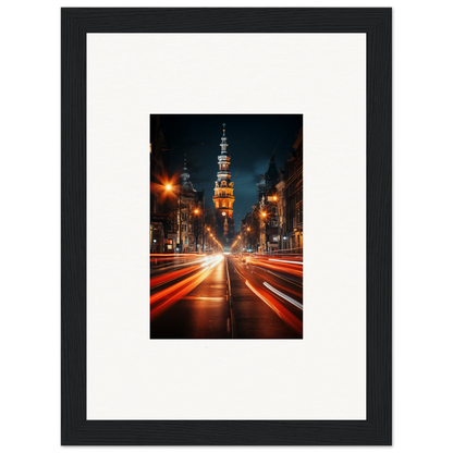 Framed photo of a city street with light trails and church tower from Umbra Urban Nocturne