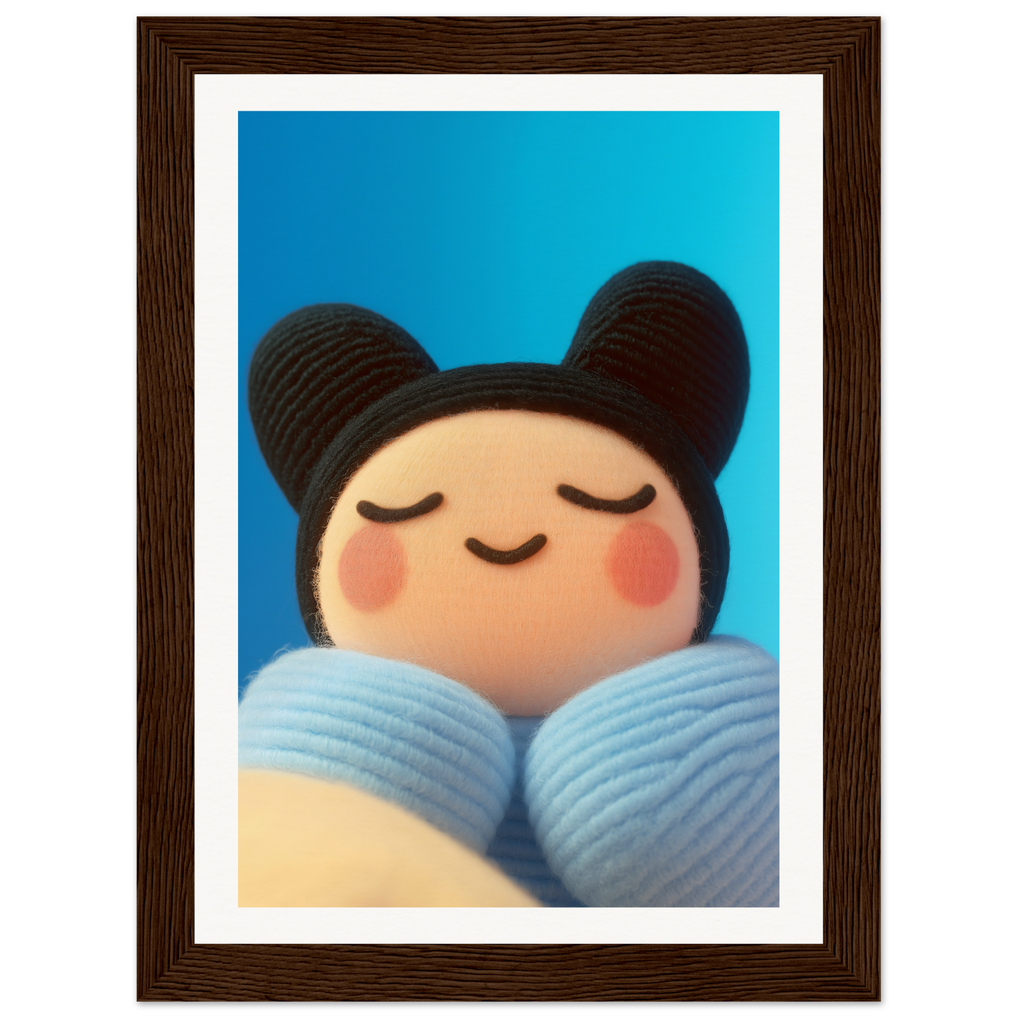 Framed Skybound Plush Reverie wall art featuring a cute character with closed eyes and a blue background, perfect for home decor.