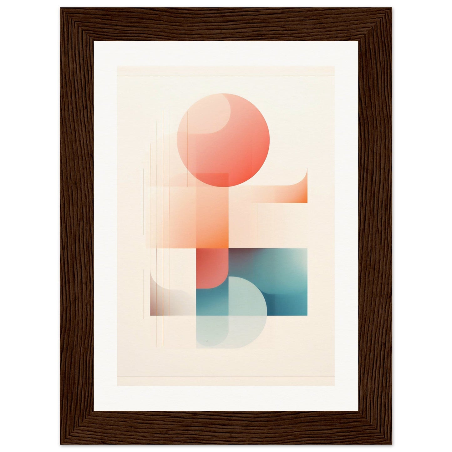 Abstract geometric artwork featuring soft-colored shapes including a coral circle, teal semicircle, and rectangular elements.