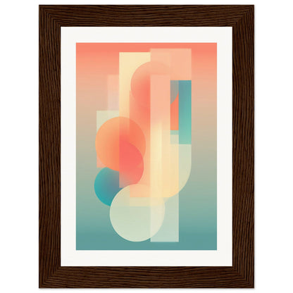 Abstract geometric artwork featuring soft, blended shapes in pastel colors framed in dark wood.