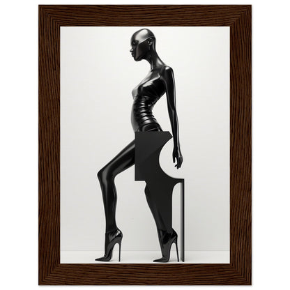 Stylized black silhouette sculpture of an elongated female figure in a dramatic pose.