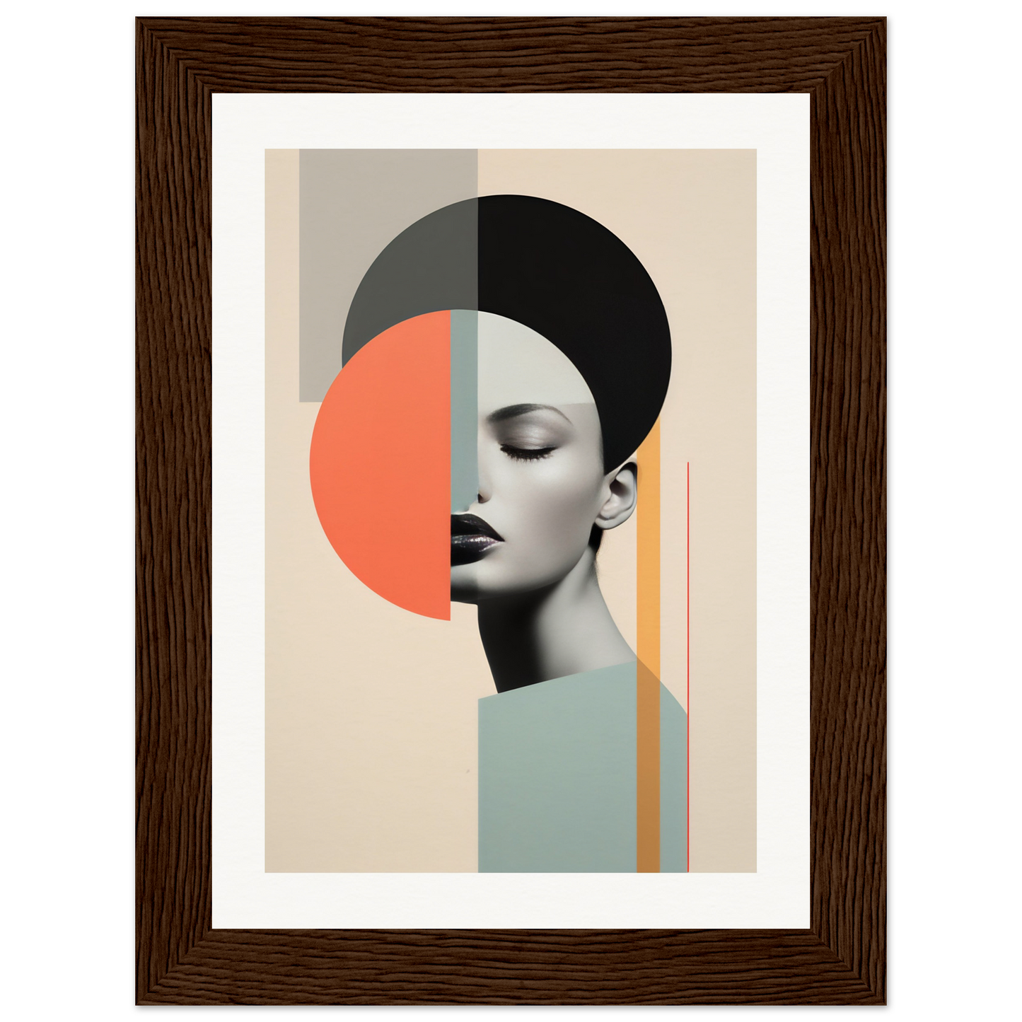 Abstract portrait combining geometric shapes with a partial profile of a woman’s face.