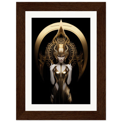 A surreal, golden-adorned female figure with an elaborate headdress in a dark, mystical style.