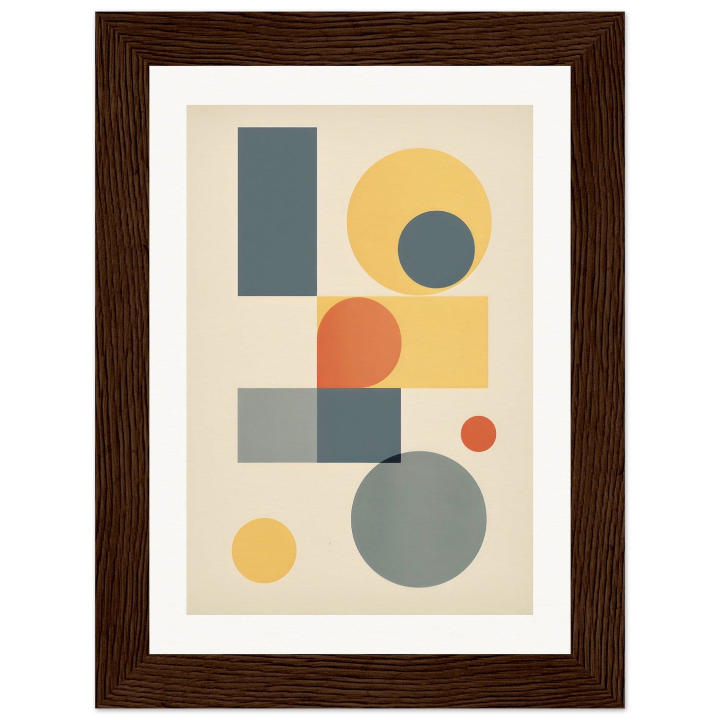 Abstract geometric artwork featuring circles, rectangles, and squares in muted colors.