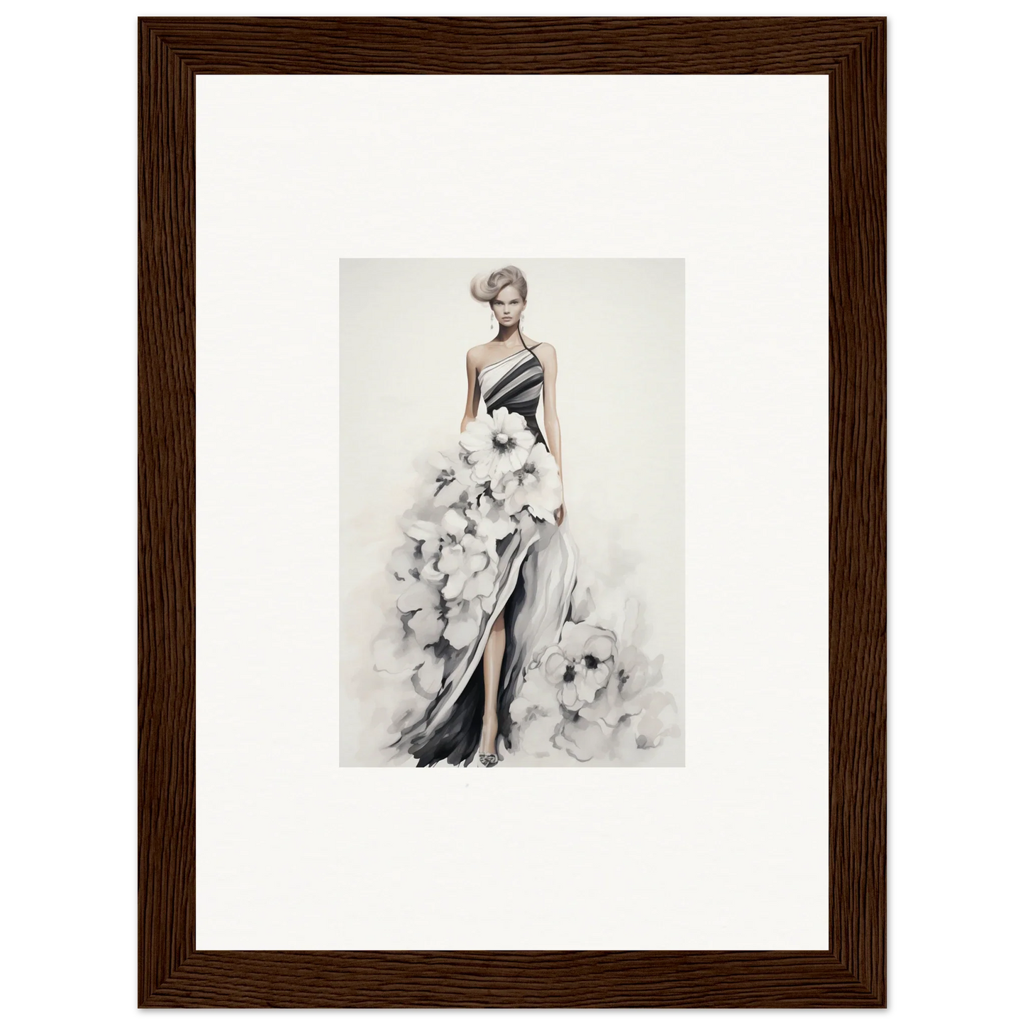 Fashion illustration of an elegant evening gown for Dreamy Blossom Mirage framed wall art