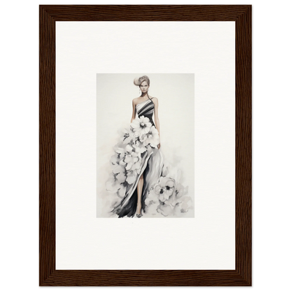 Fashion illustration of an elegant evening gown for Dreamy Blossom Mirage framed wall art