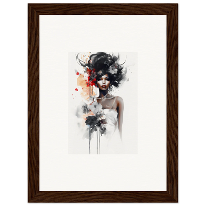 Artistic watercolor portrait of Plume Sultry Reverie with black hair and red splashes