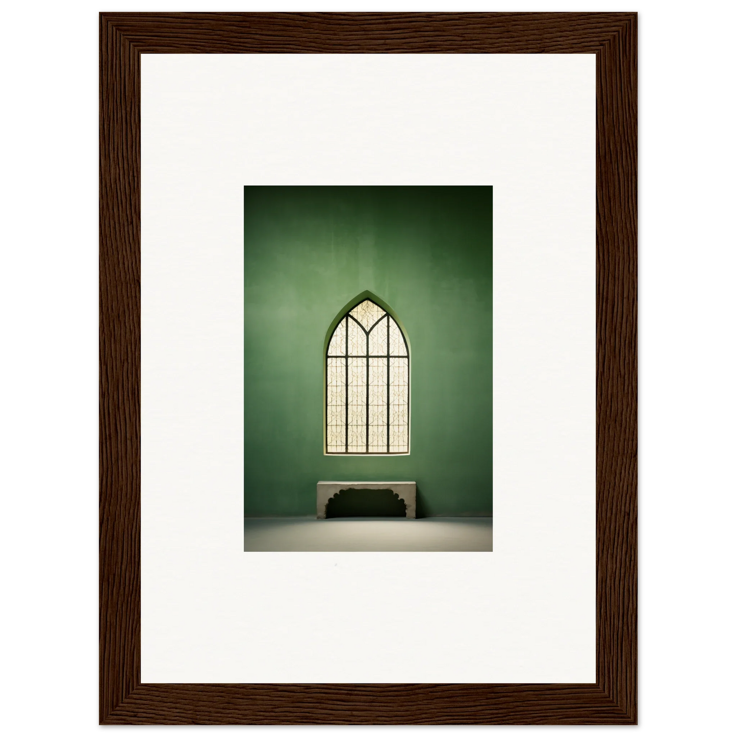 Gothic arched window with geometric panes above a bench in Evermind Greenthaum artwork