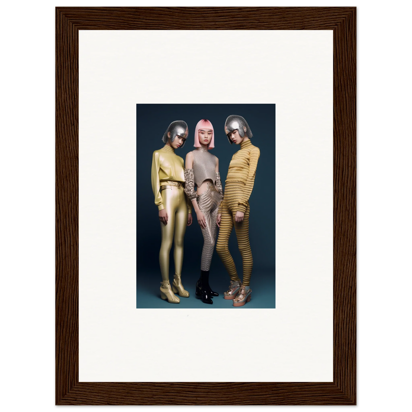 Framed wall art of three models in metallic bodysuits for Galactic Fashion Paradigm