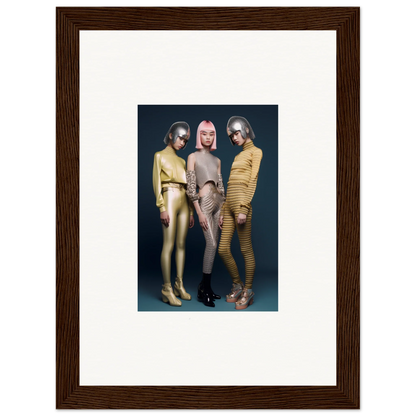 Framed wall art of three models in metallic bodysuits for Galactic Fashion Paradigm