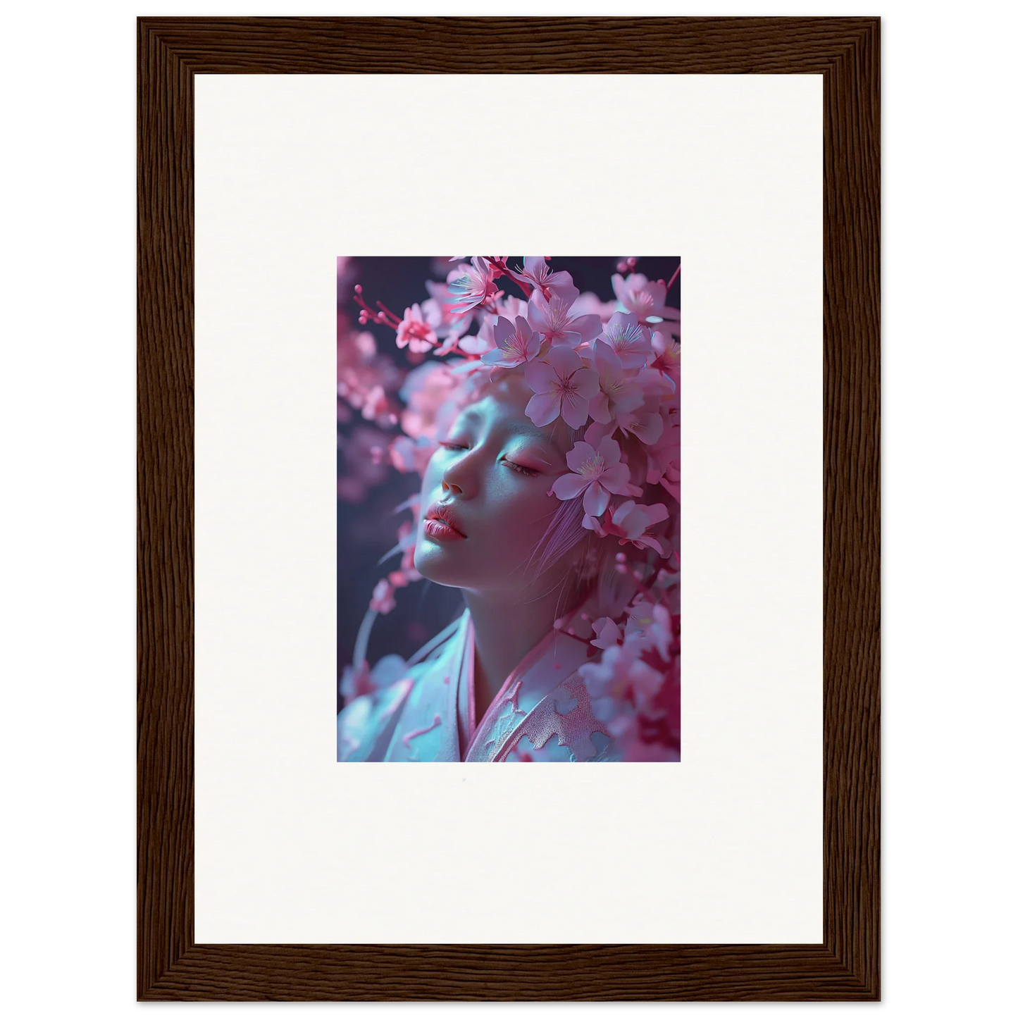 Framed photograph of a person with pink cherry blossoms, perfect for room decoration