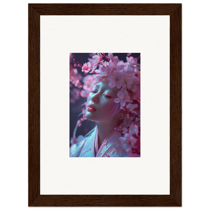 Framed photograph of a person with pink cherry blossoms, perfect for room decoration