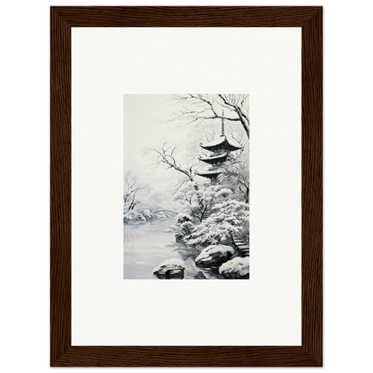 Framed wall art of snow-covered pagoda in Twilight Rebirth Narrative style