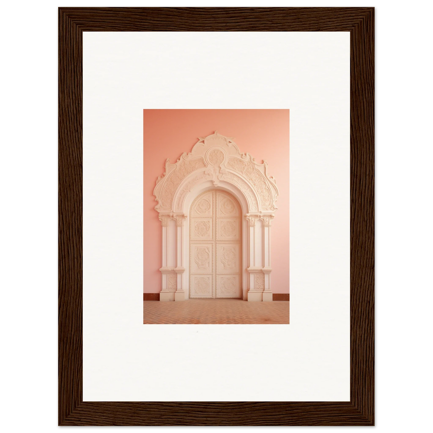 Ornate arched doorway in pale pink tones for Patio Reverie Sleutelenv framed wall art