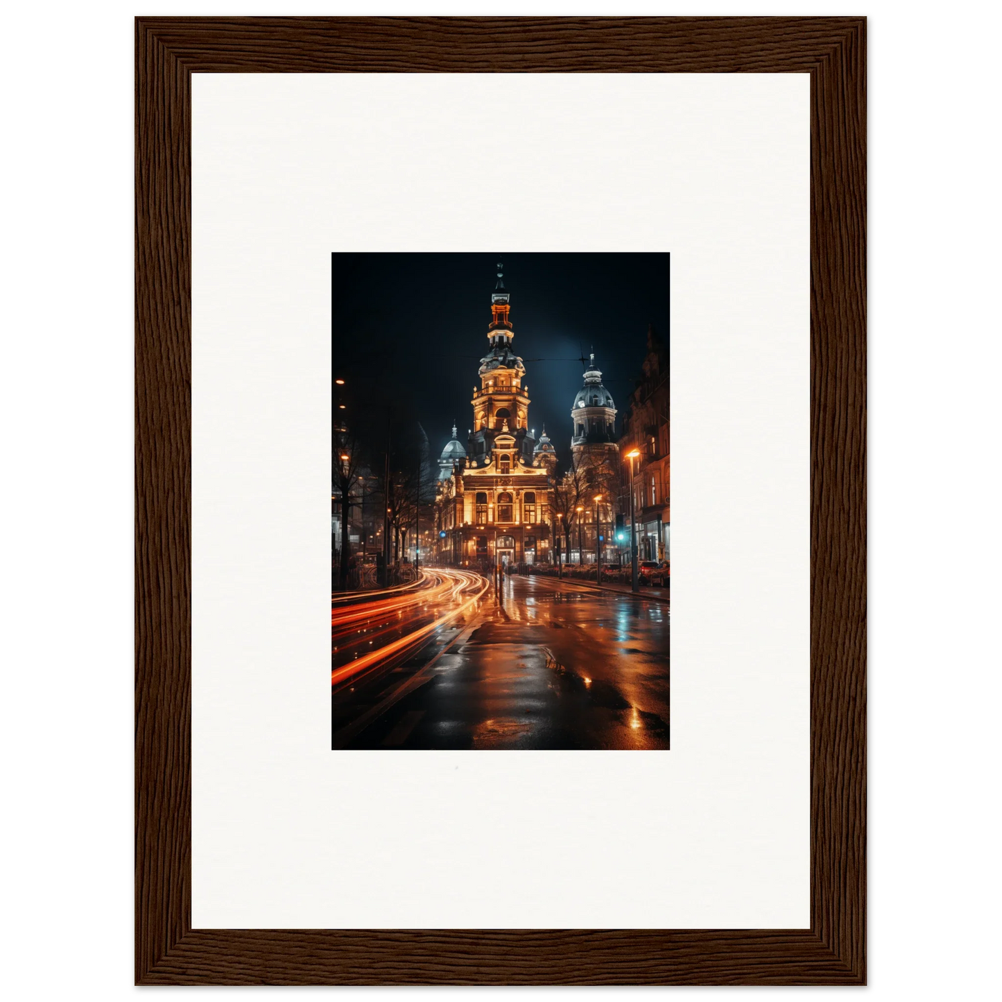 Framed nighttime shot of a glowing Russian Orthodox church with light trails for Midnight Highway Mirage art