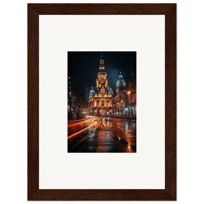 Framed nighttime shot of a glowing Russian Orthodox church with light trails for Midnight Highway Mirage art