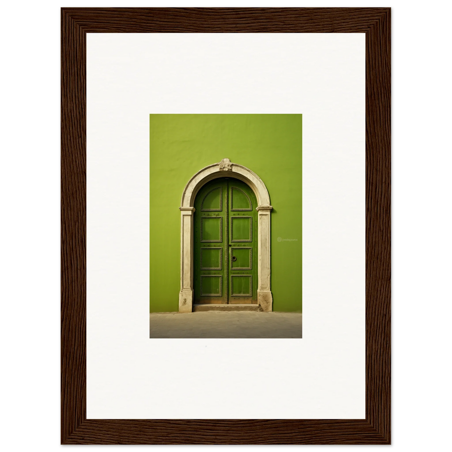 Green arched door with stone trim in classical style for Vert Barcode Reverie special edition art™