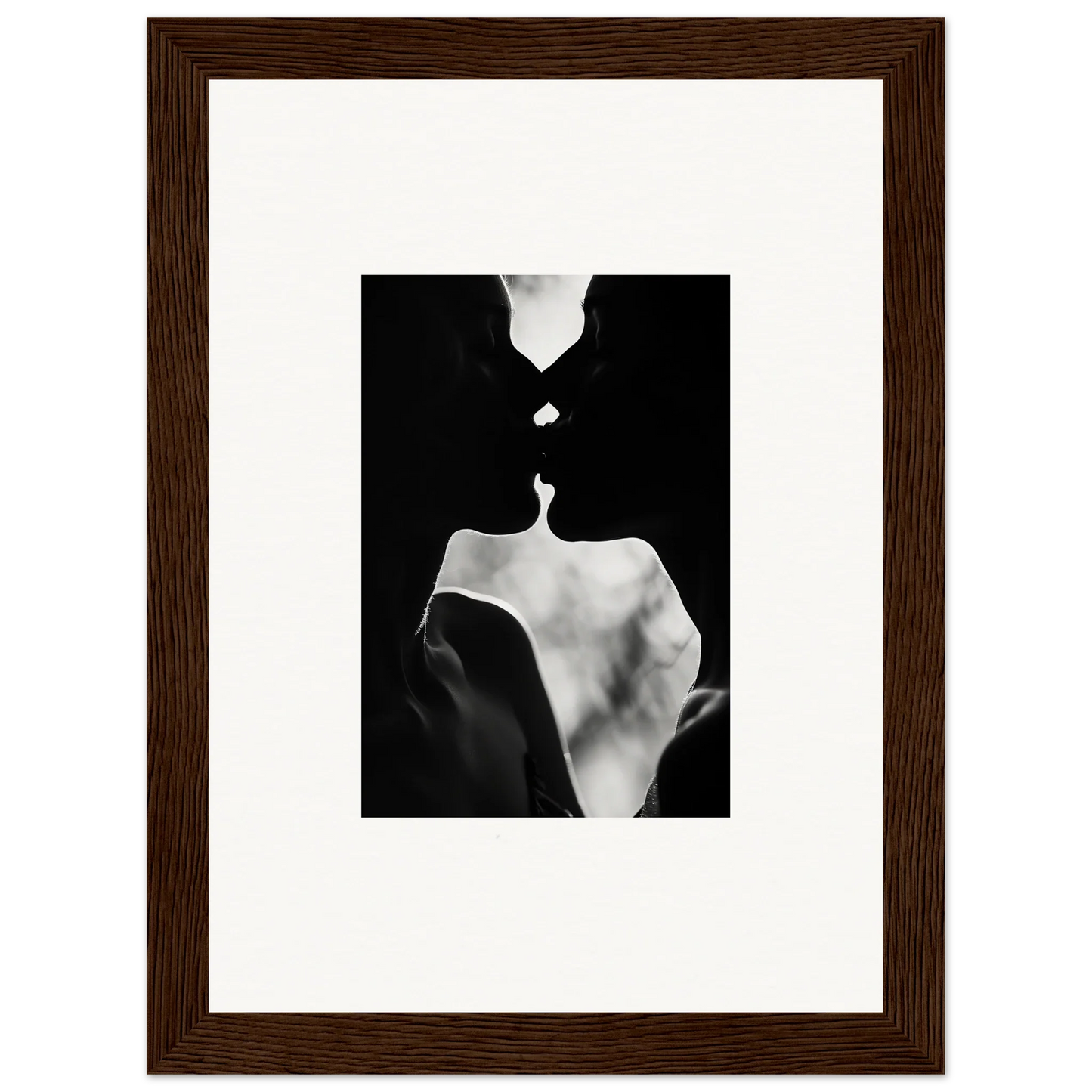 Black and white silhouettes kissing in dark wood frame from Shadowy Dawn Nuance