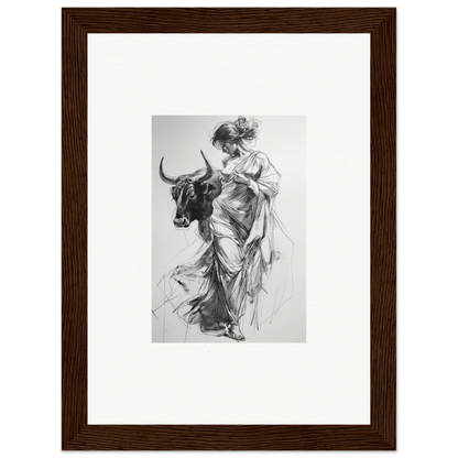 Black and white sketch of a woman in flowing robes next to a bull for premium framed wall art