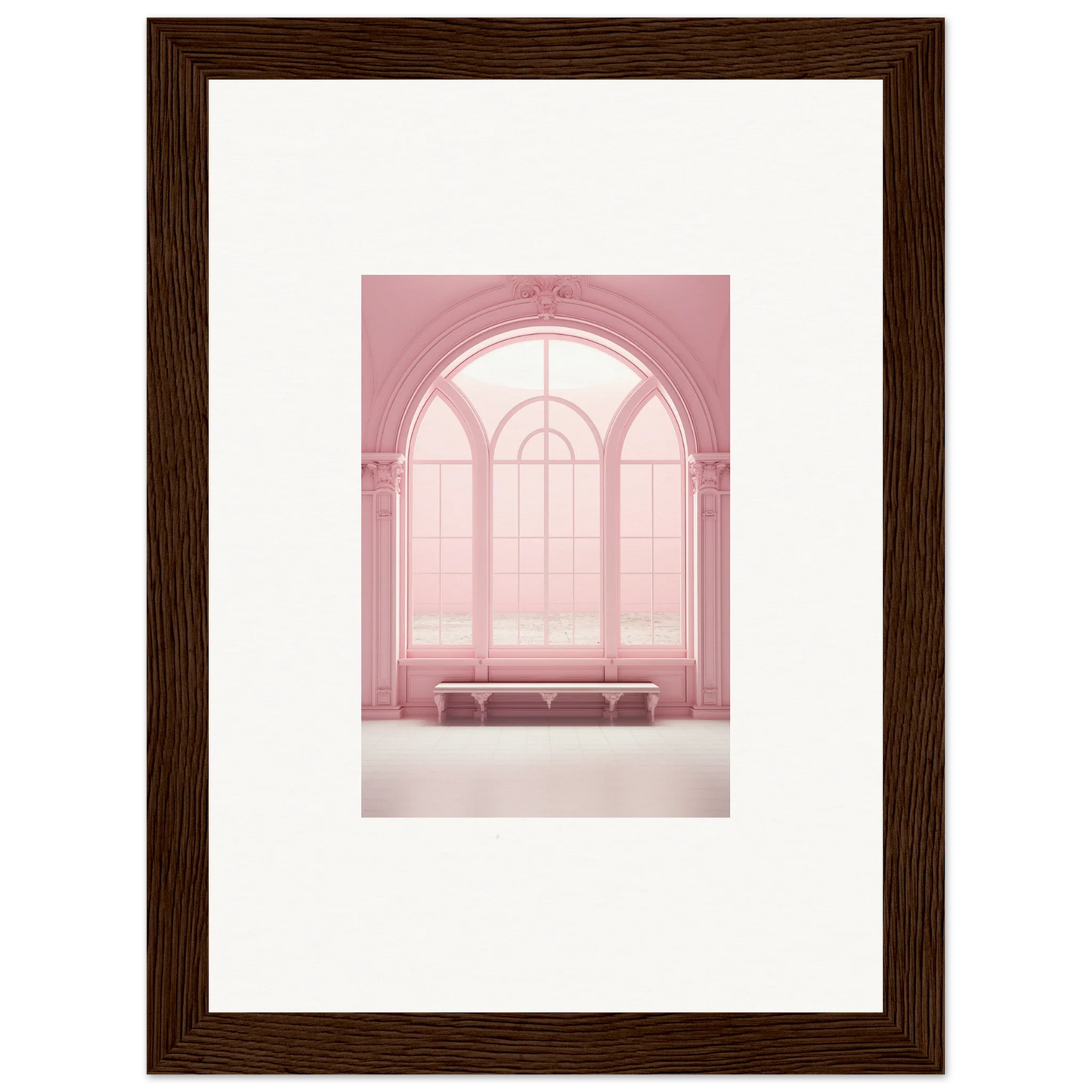 Framed pink-tinted photo of an arched window and bench from Solitude’s Rosy Asana