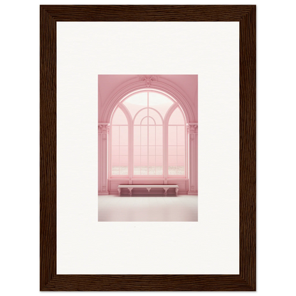 Framed pink-tinted photo of an arched window and bench from Solitude’s Rosy Asana