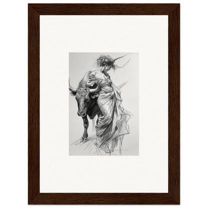 Black and white sketch of a bull and a figure in robes for Dancing Flamenco special edition art™