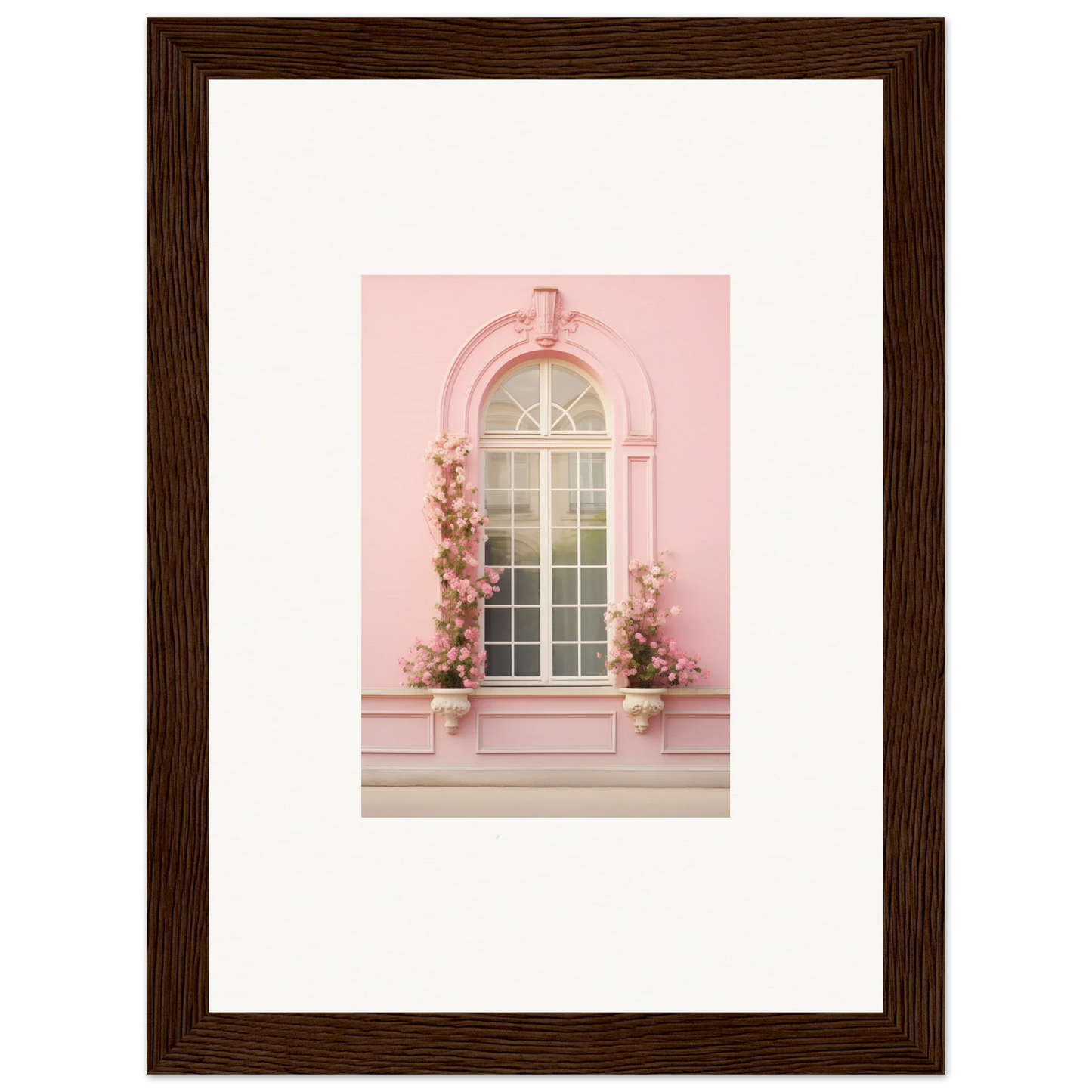 Elegant arched pink window with white panes for Vitalose Rose Sonnet decor