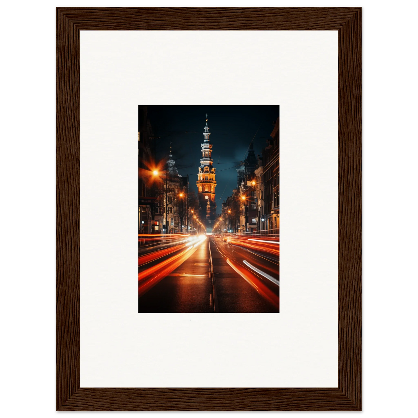 Framed Umbra Urban Nocturne photo of light trails to an illuminated church tower