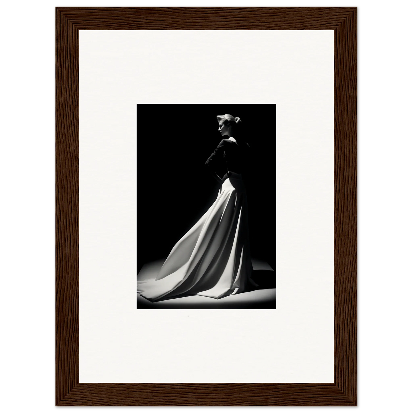 Dramatic black and white wedding gown in Veiled Monochrome Journey framed wall art