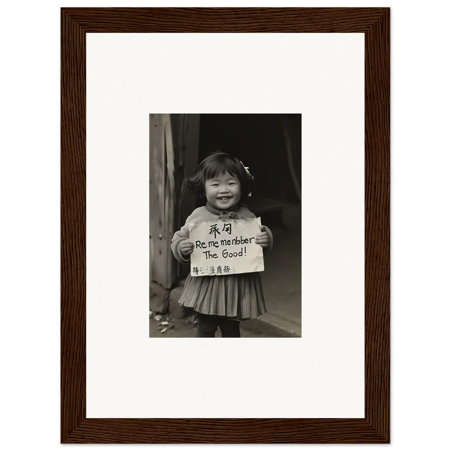 Black and white photo of a smiling child with a sign, framed wall art for Ephemeral Joy Imbibed