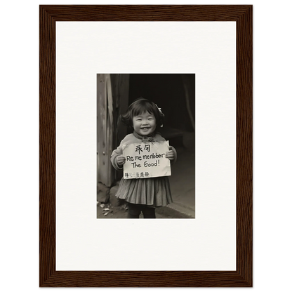 Black and white photo of a smiling child with a sign, framed wall art for Ephemeral Joy Imbibed