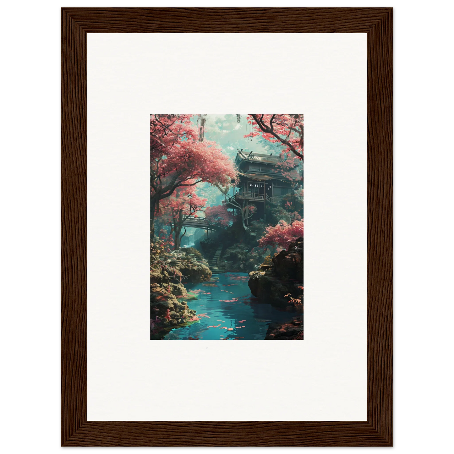 Traditional Japanese pagoda amid cherry blossoms in Magenta Spirals Oscillate framed art