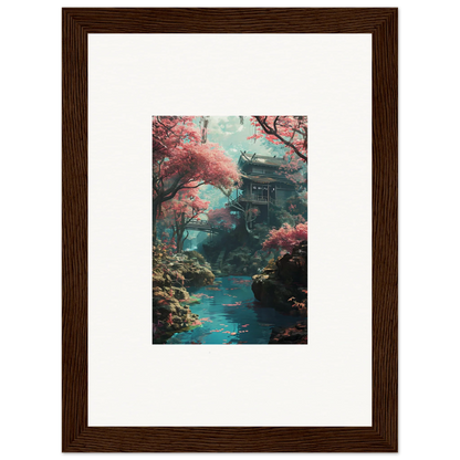 Traditional Japanese pagoda amid cherry blossoms in Magenta Spirals Oscillate framed art