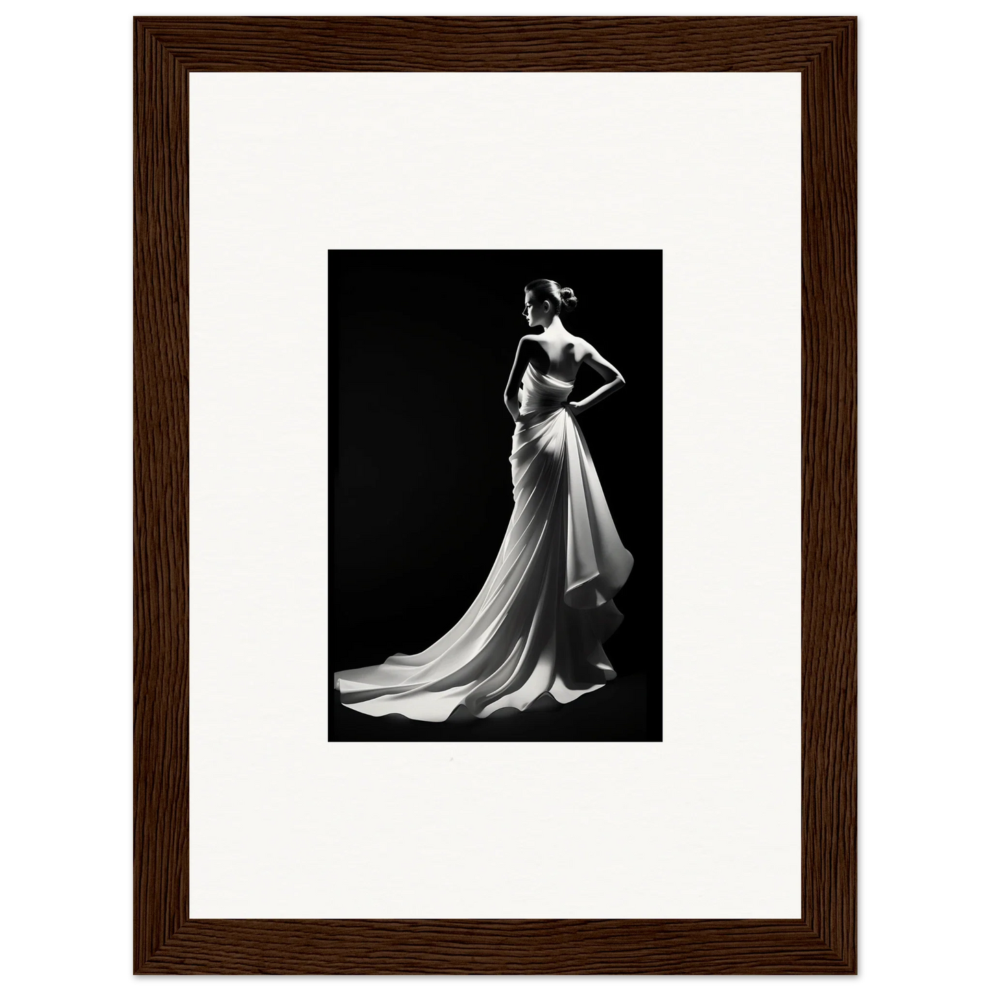 Elegant flowing evening gown in dramatic pose, showcasing Ephemeral Grayscale Elegance